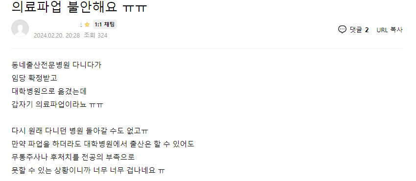 임신·출산 커뮤니티에 올라온 무통주사를 못 맞을까 걱정된다는 내용의 글 갈무리.