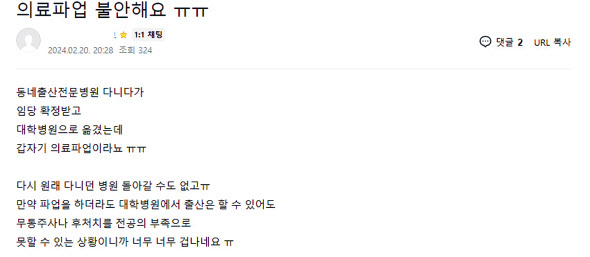 임신·출산 커뮤니티에 올라온 무통주사를 못 맞을까 걱정된다는 내용의 글 갈무리