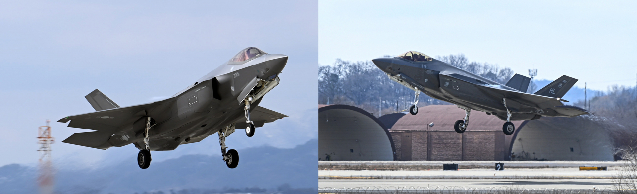 훈련을 위해 청주기지를 이륙하고 있는 한국 공군 F-35A(왼쪽)와 오산기지 활주로를 이륙하고 있는 미 공군 F-35A(오른쪽) [공군 제공]