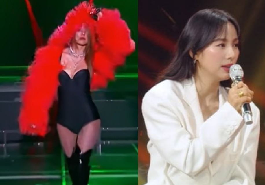 이효리의 2021년 엠넷 무대 모습(좌)과 KBS '더 시즌즈-이효리의 레드카펫'에서 진행하는 모습(우)