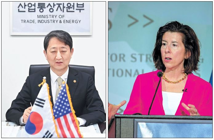 27일 오전 정부서울청사 집무실에서 지나 레이몬도 미국 상무부 장관과 유선으로 회담을 주재, 양국 간 산업·통상 협력방안을 논의하고 있는 안덕근(왼쪽) 산업통상자원부 장관과 26일(현지시간) 워싱턴에서 열린 전략국제문제연구소(CSIS) 주최 포럼에서 연설하고 있는 지나 러몬도 미국 상무부 장관 [산업통상자원부 제공·CSIS 자료]