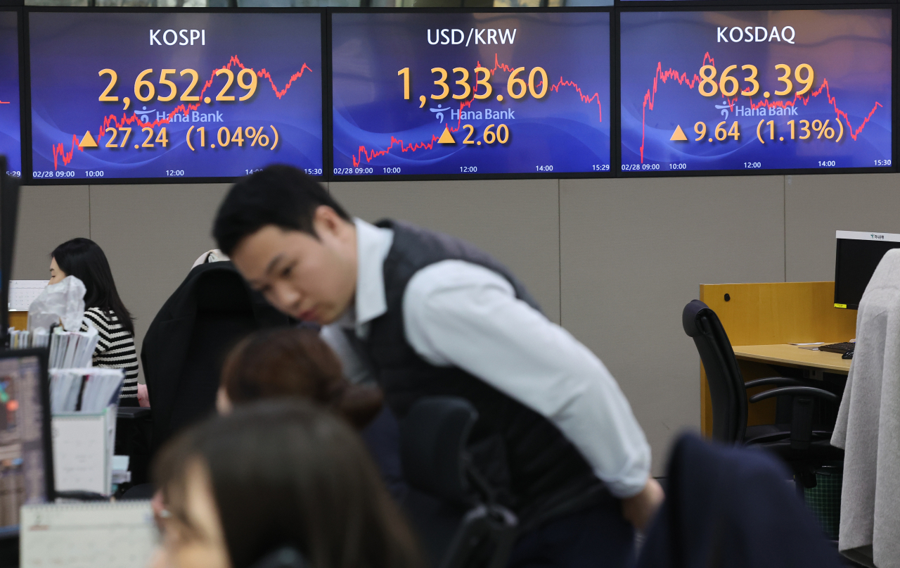 코스피가 2,650선을 회복한 28일 오후 서울 중구 하나은행 본점 딜링룸에서 직원들이 업무를 보고 있다. 이날 코스피 종가는 전날보다 27.24포인트 오른 2,652.29로 집계됐다. 코스닥지수는 전 거래일보다 9.64포인트(1.13%) 오른 863.39로 장을 마쳤다. 연합뉴스