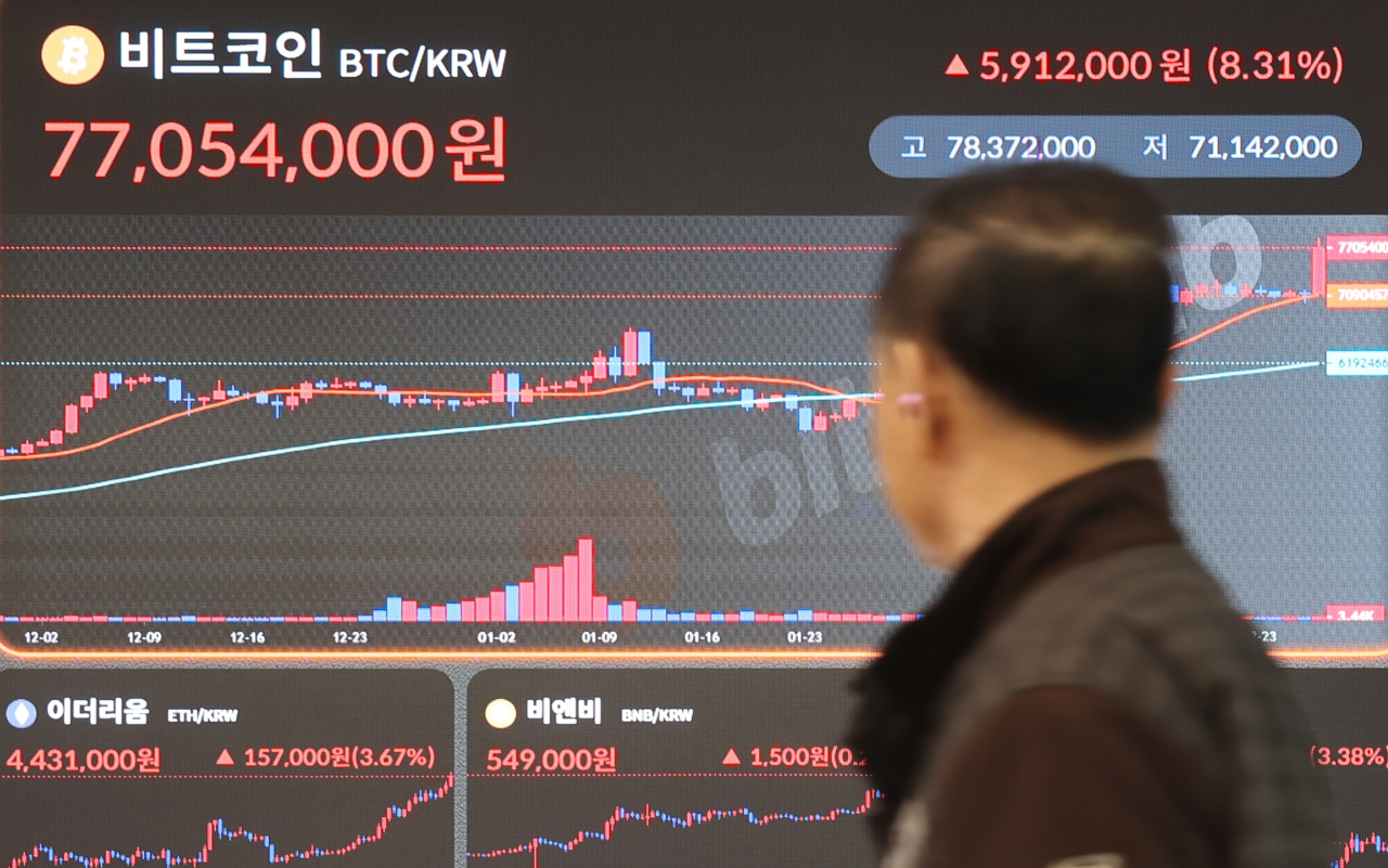 사진은 27일 서울 서초구 빗썸 고객센터에 가상화폐 시세 현황판 모습. [연합]