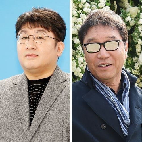 방시혁 하이브 의장(왼쪽)과 이수만 전 SM엔터 총괄 프로듀서
