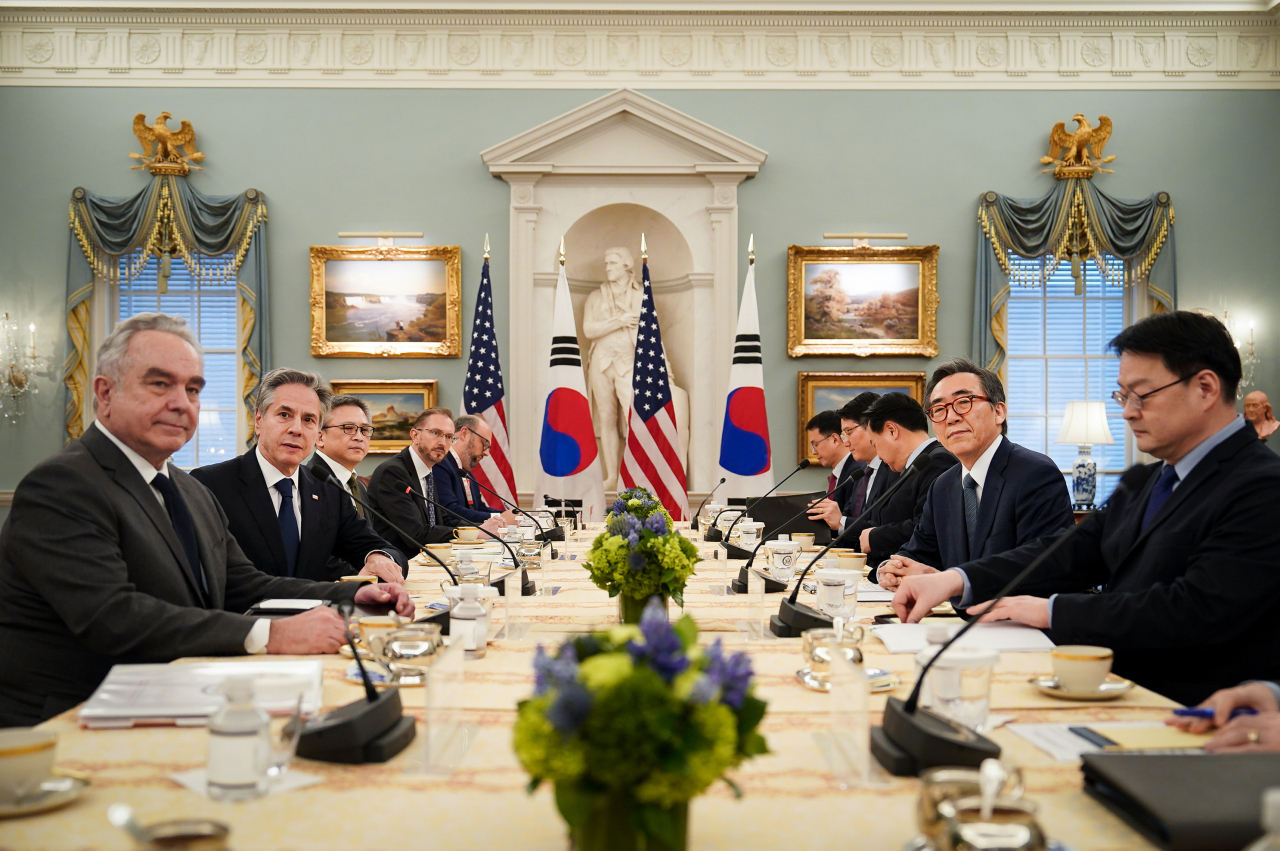 조태열 외교부 장관이 28일(현지시간) 미국 워싱턴 D.C.에서 토니 블링컨 미 국무부 장관과 취임 후 첫 한미 외교장관 회담을 개최했다. [외교부 제공]