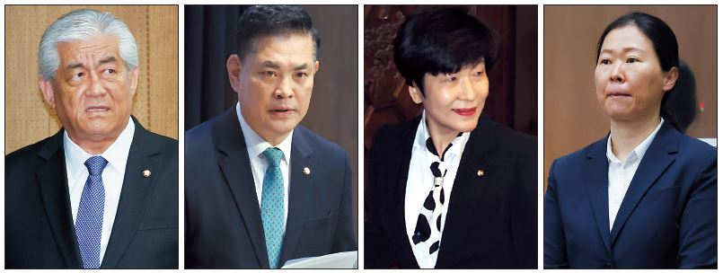 4·10 총선을 앞두고 여야가 공천에 속도를 내면서 당 노선에 반발하거나, 공천 관련 불공정 문제를 제기하며 탈당하는 의원들이 잇따르고 있다. 왼쪽부터 더불어민주당을 탈당한 이상헌·박영순·김영주 의원과 국민의힘을 탈당하며 비례대표직을 반납한 권은희 전 의원. [연합]