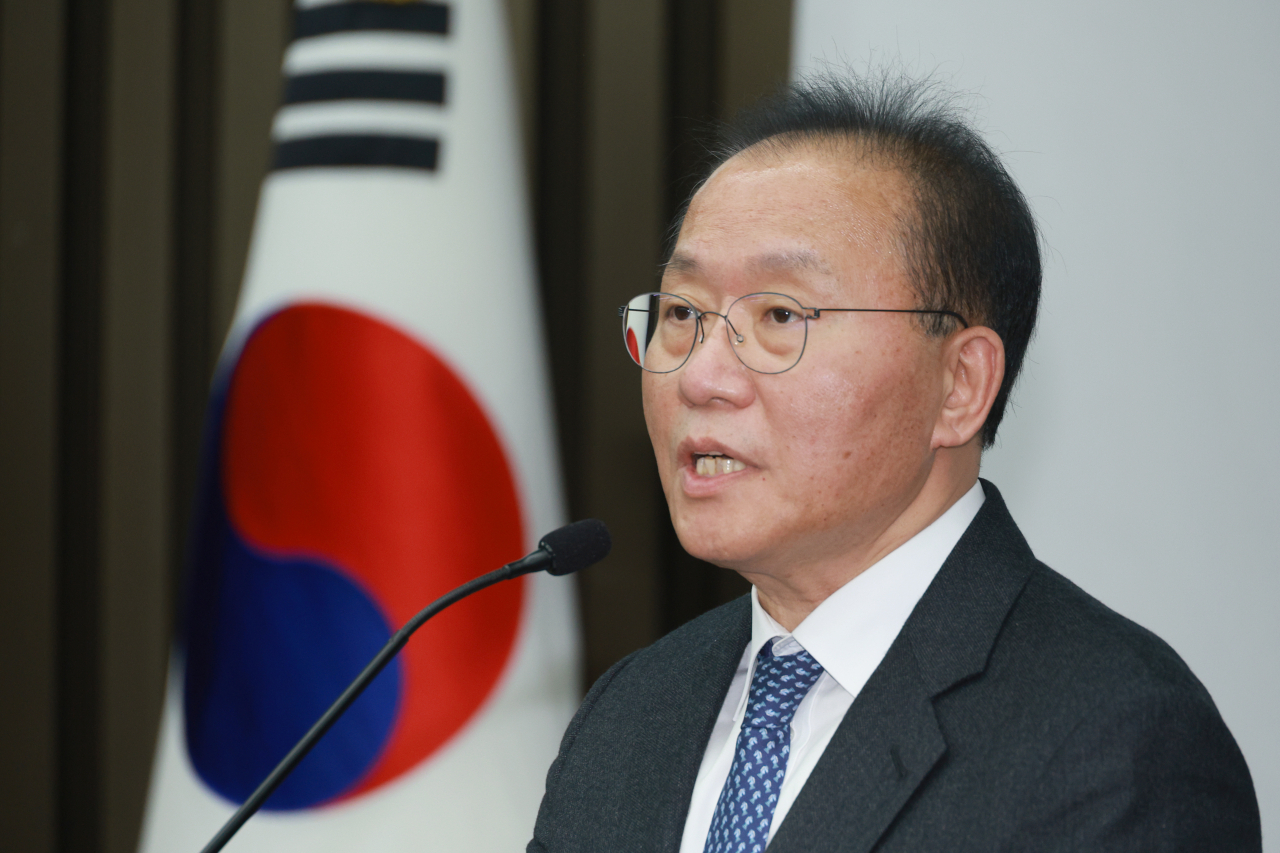 윤재옥 국민의힘 원내대표가 29일 국회에서 열린 의원총회에서 발언하고 있다. [연합]