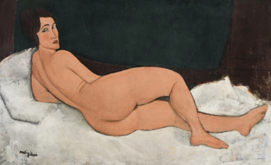 아메데오 모딜리아니, 누워있는 나부, 1917. 2018년 소더비 경매에서 세상에서 두 번째로 비싼 낙찰가(당시 약 1690억원)에 판매된 누드화다. 처음이자 마지막이 된 그의 전시에 걸렸던, 그 누드화. [소더비]