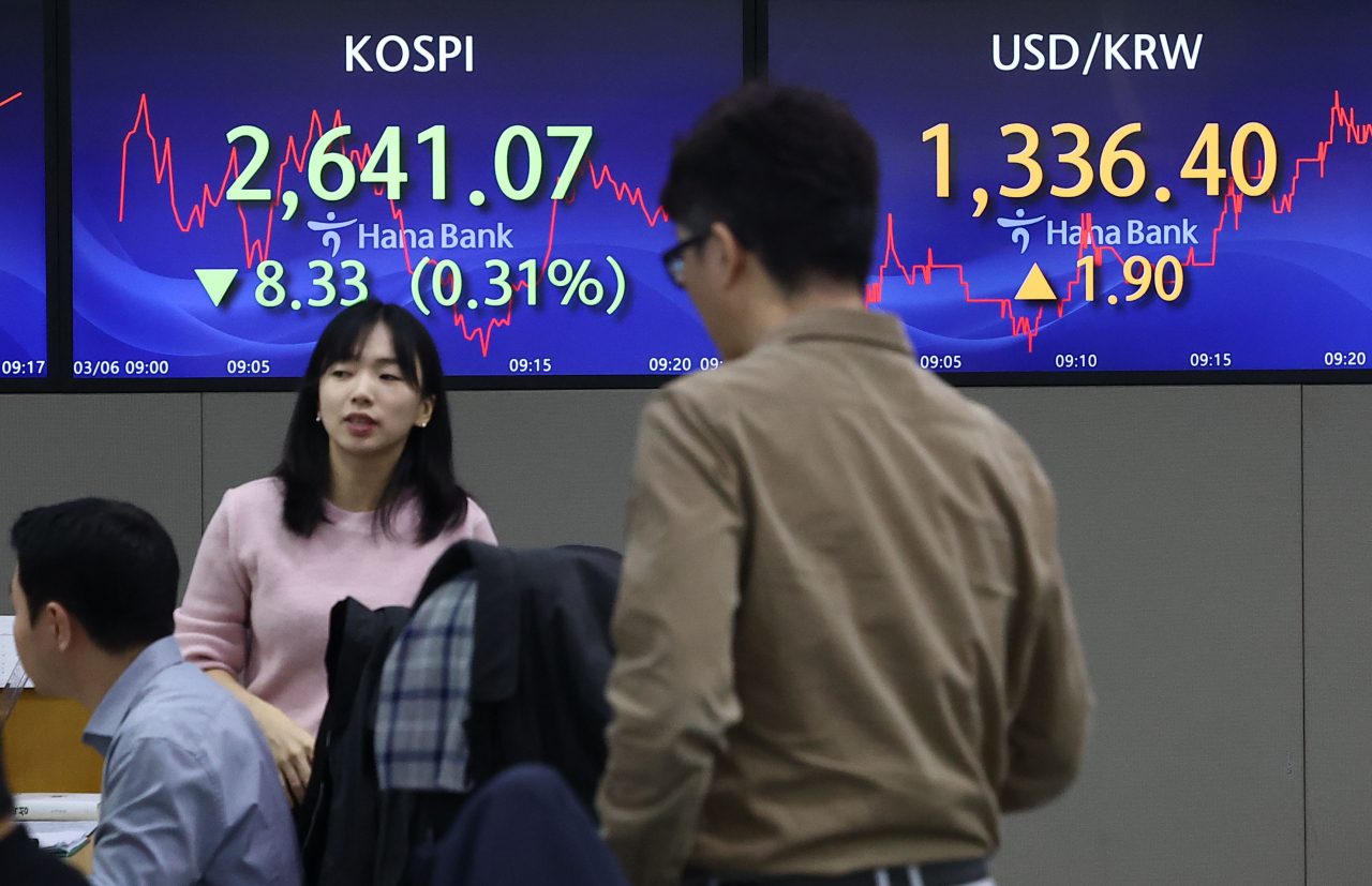An electronic board showing the Korea Composite Stock Price Index at a dealing room of the Hana Bank headquarters in Seoul on Wednesday. (Yonhap)