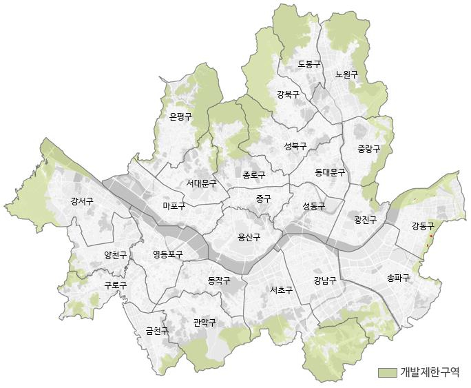 서울시가 50년 넘게 유지된 개발제한구역(그린벨트)의 새로운 활용 방안을 마련하기 위한 연구용역에 들어간다고 6일 밝혔다. 사진은 서울 그린벨트 지도.[서울시 제공]