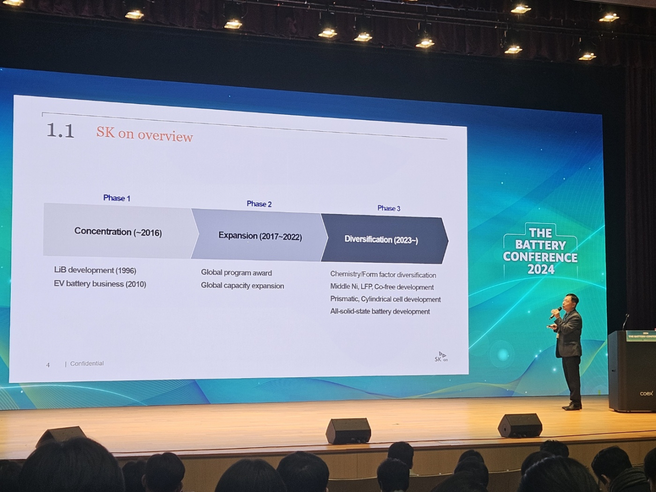 이존하 SK온 부사장은 7일 서울 강남구 코엑스에서 열린 ‘더 배터리 콘퍼런스 2024’에서 기조연설을 하고 있다. 김지윤 기자