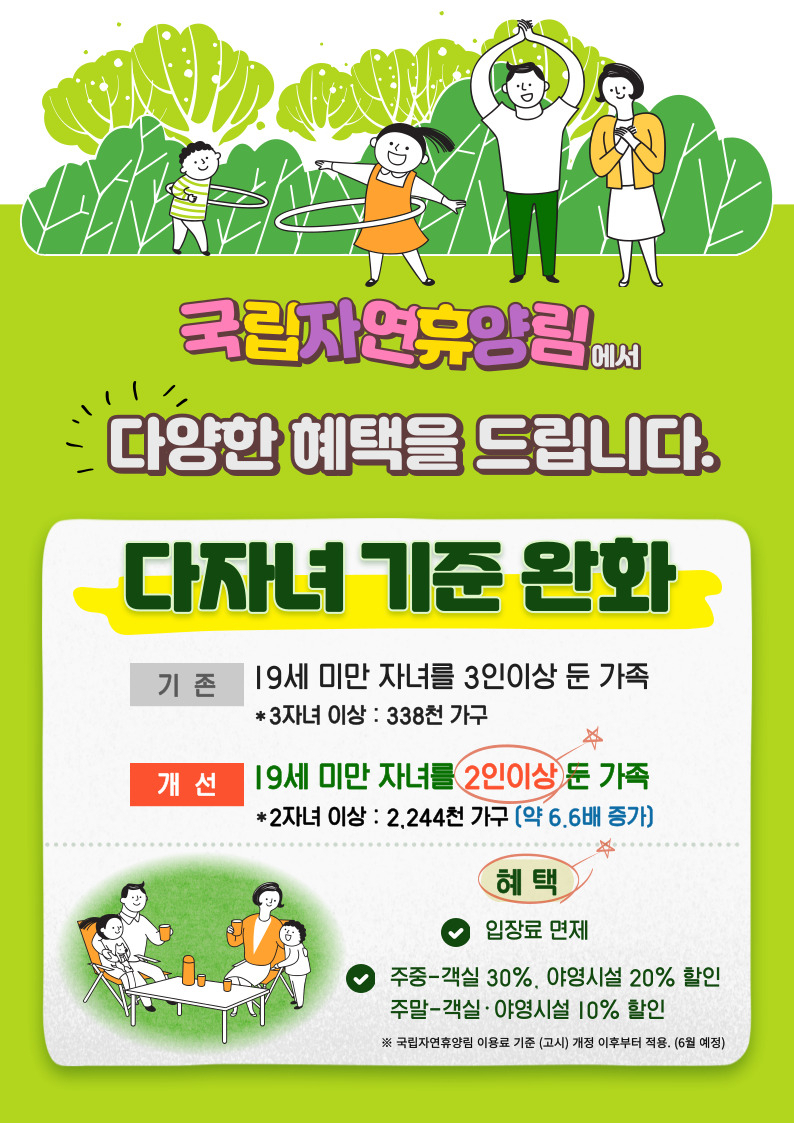 산림청, 국립자연휴양림 다자녀 기준 완화(인포그래픽)