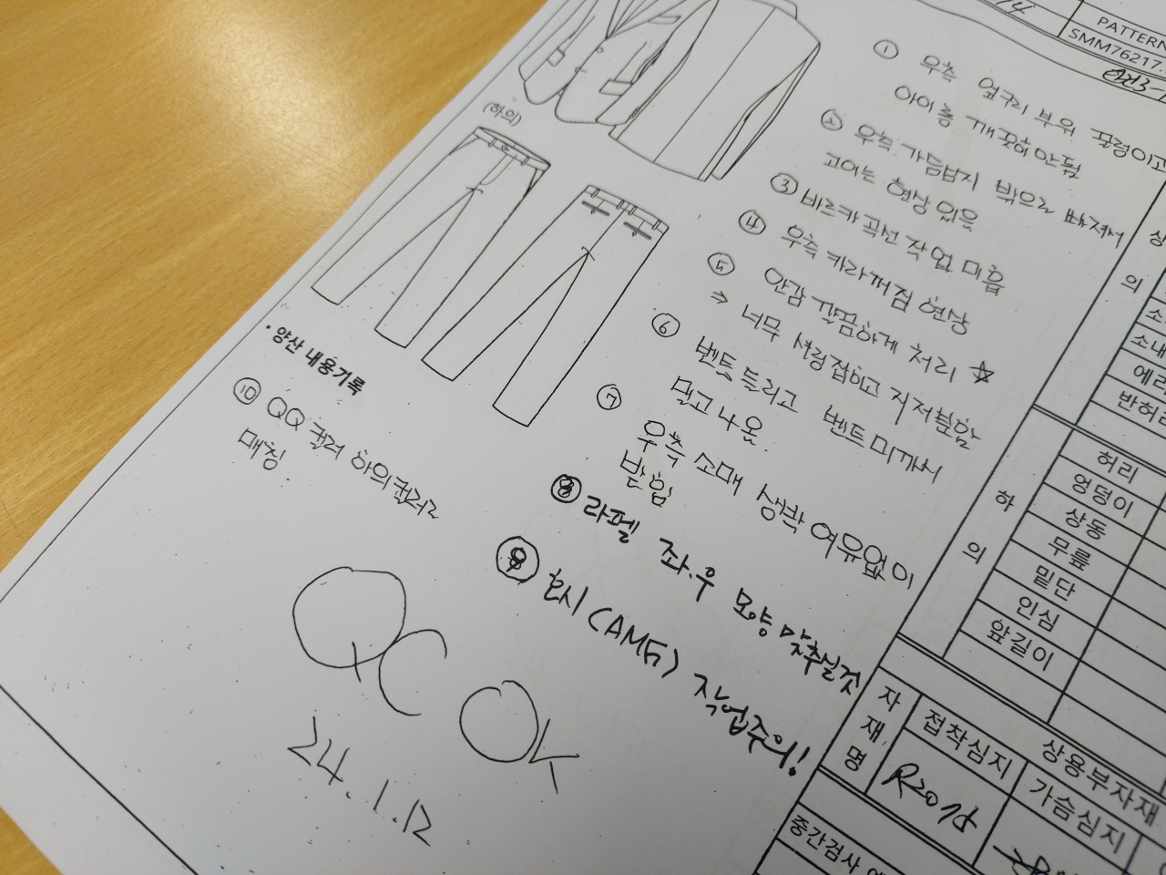 마에스트로 공장의 품질 관리표의 예시. 소매와 옆구리 부위, 이음새 등에 대한 꼼꼼한 검수가 이뤄진다. 김희량 기자