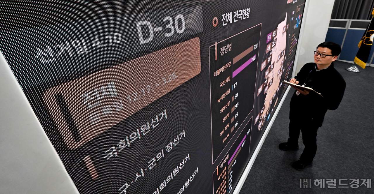 제22대 국회의원선거를 한 달 앞둔 11일 오전 경기도 과천시 중앙선거관리워윈회 선거종합상황실에 후보자 등록현황 정보가 표시되어 있다. 과천=임세준 기자