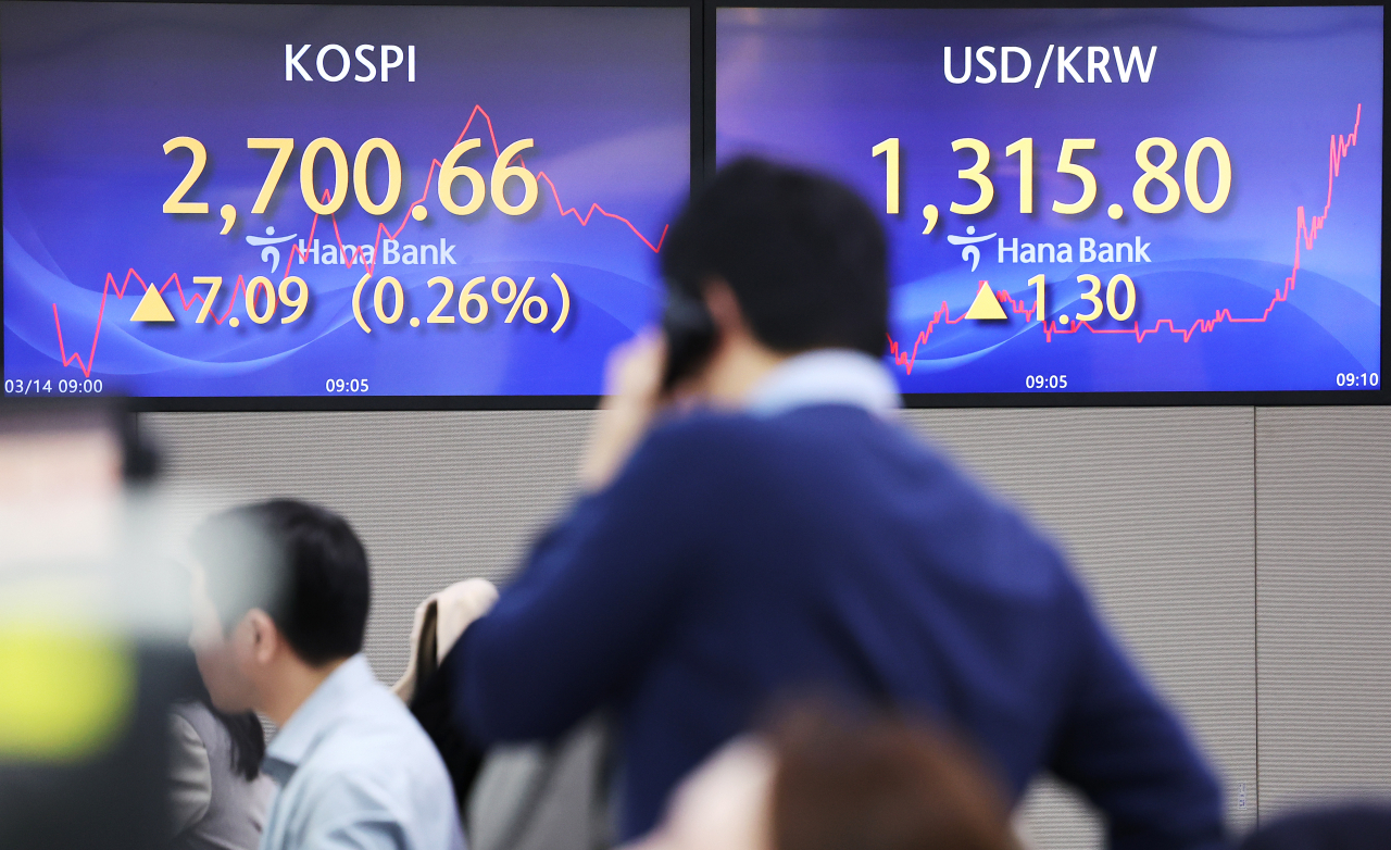 14일 오전 서울 중구 하나은행 본점 딜링룸에서 딜러들이 업무를 보고 있다. 이날 오전 9시 2분 현재 코스피는 전장보다 5.27포인트 오른 2698.84를 나타내고 있다. 지수는 전장보다 4.80포인트(0.18%) 오른 2698.37로 출발했다. 코스닥지수는 전 거래일보다 0.75포인트(0.08%) 오른 890.68이다. 연합뉴스