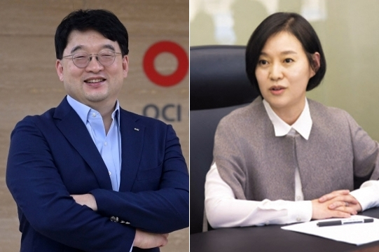 이우현(왼쪽) OCI 회장과 임주현 한미약품 사장(한미사이언스 전략기획실장) [헤럴드경제 DB, 한미그룹 제공]