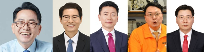 사진 왼쪽부터 김문수(민주당), 신성식(무소속), 이성수(진보당), 천하람(개혁신당), 김형석(국민의힘) 후보.