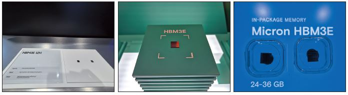 ‘GTC 2024’에서 처음 공개된 메모리반도체 3사의 5세대 HBM(HBM3E) 실물 모습. 왼쪽부터 삼성전자가 세계 최초로 개발한 12단 HBM3E, SK하이닉스의 HBM3E 12단 제품, 마이크론의 HBM3E 8단 제품과 12단 제품.