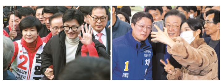 김영주 국민의힘 후보가 지난 12일 서울 영등포구 타임스퀘어에서 한동훈 비상대책위원장과 시민들을 만나고 있다(왼쪽). 채현일 더불어민주당 후 보가 이재명 대표와 함께 지난 5일 서울 영등포구 뉴타운 지하쇼핑몰에서 시민과 기념촬영을 하고 있다. [연합]