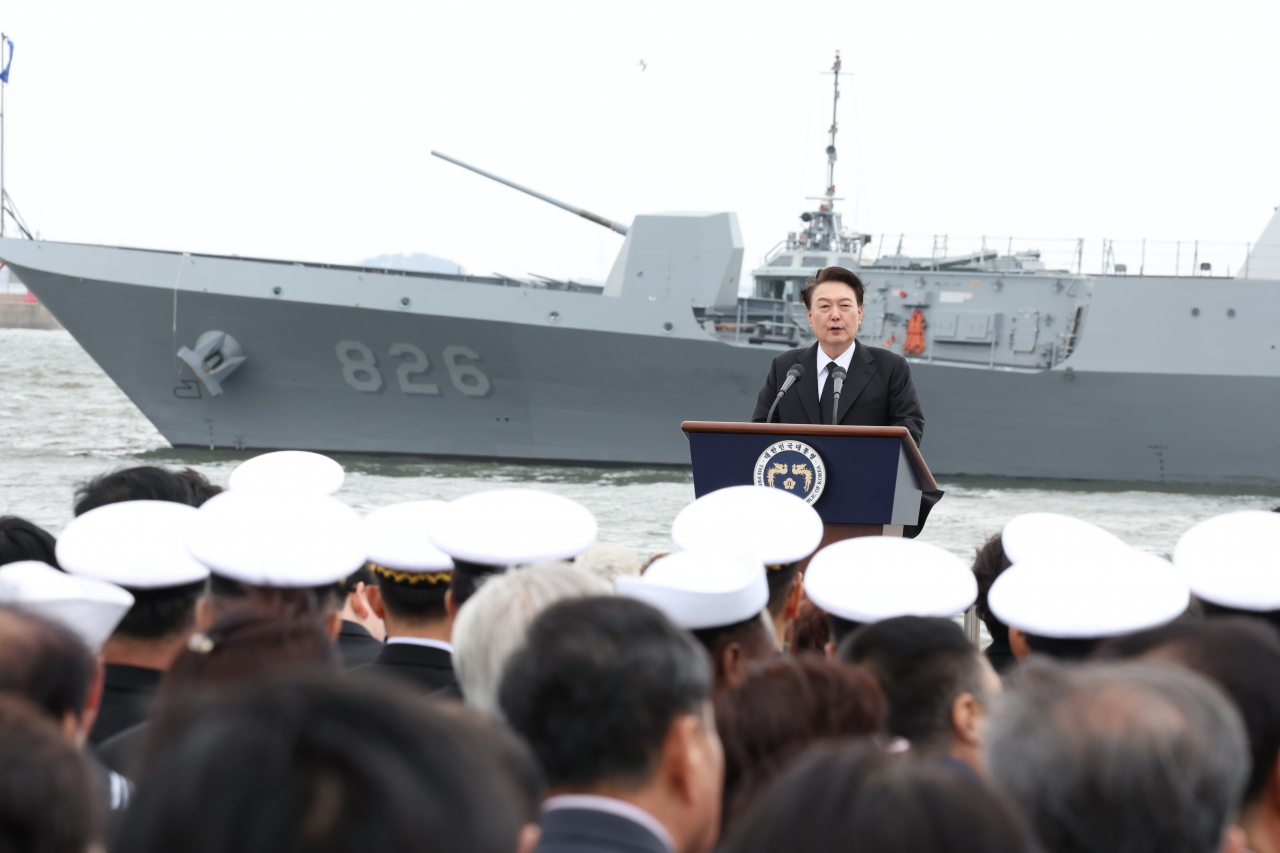윤석열 대통령이 22일 경기도 평택 소재 해군 제2함대사령부에서 거행된 제9회 서해수호의날 기념식에서 기념사를 하고 있다. [연합]