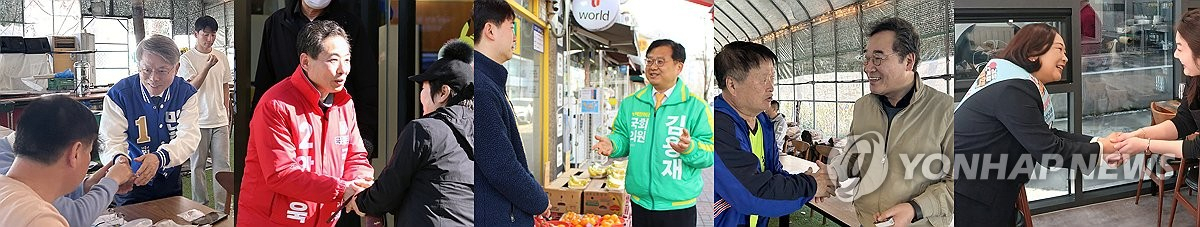 제22대 국회의원 선거 후보 등록 후 첫 주말인 23일 오전 광주 광산을 선거구 후보자들이 유권자들과 만나고 있다. 왼쪽부터 더불어민주당 민형배·국민의힘 안태욱·녹색정의당 김용재·새로운미래 이낙연·진보당 전주연 후보[연합]