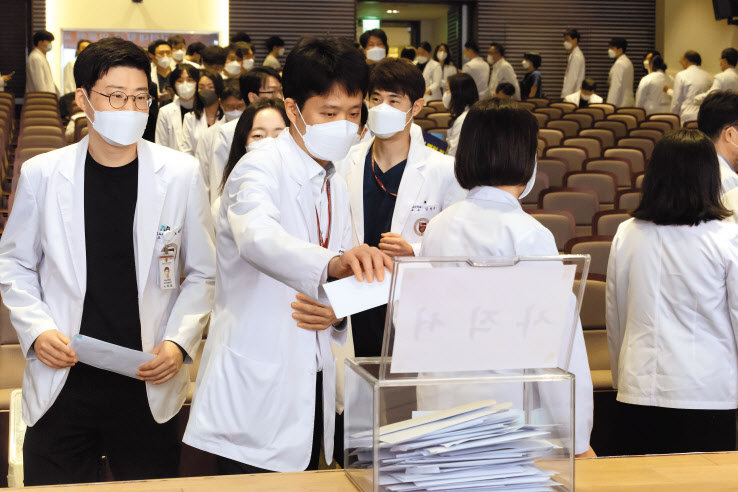 25일 오전 서울 고려대 안암병원에서 열린 ‘고려대 의료원 교수 총회’에서 교수들이 사직서를 제출하고 있다. [연합]