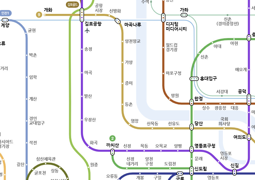 현재 지하철 노선도에 따르면, 2호선 신정지선은 까치산역에서 끝나고 있다. [지하철노선도 캡처]
