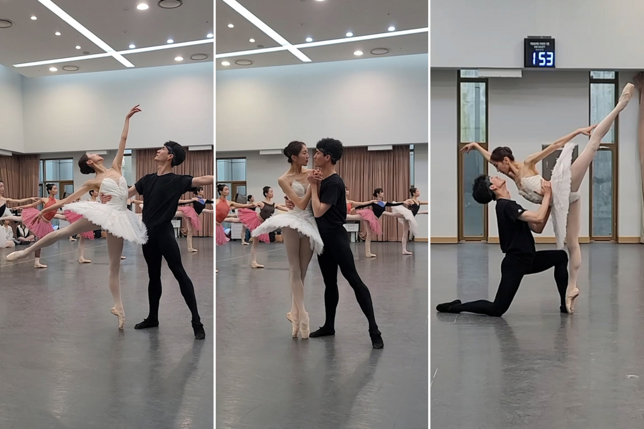 Ballerina An Su-yeon and ballerino Heo Seo-myeong rehearses for “Swan Lake.” (KNB)