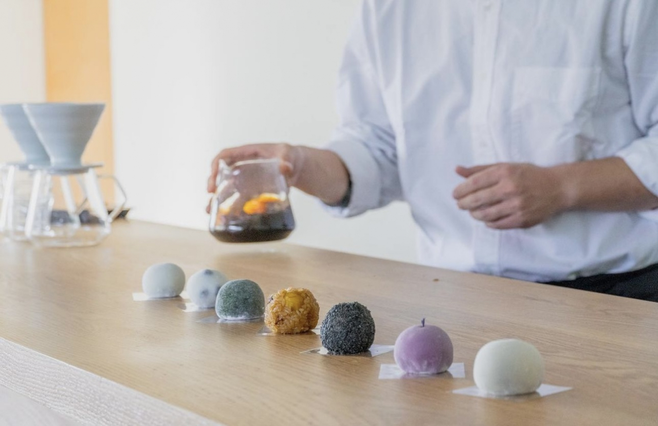 Modern selection of glutinous rice cakes displayed at Jaha Seoul tteok cafe in Jongno central Seoul with colorful seasonal fruit fillings