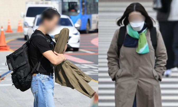 낮 최고기온이 10&sim;15도로 예보된 지난 3월 13일 오후 서울 경복궁 앞에서 반팔을 입은 시민(왼쪽)과 전국적으로 꽃샘추위가 찾아온 같은달 18일 서울 여의도 환승센터에서 목도리를 두른 시민 [연합뉴스, 임세준 기자]
