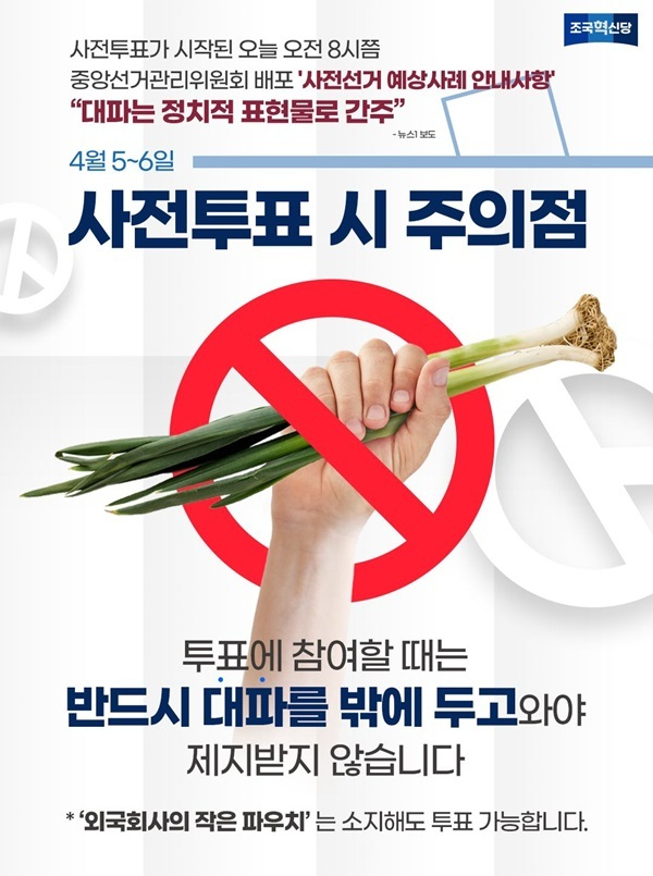 “대파는 투표시 밖에 두세요!” 선관위 매뉴얼 때린 조국혁신당·이재명