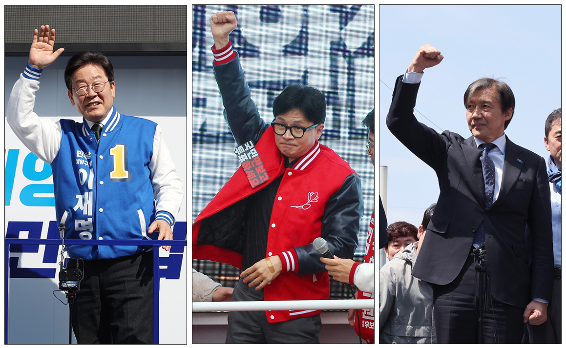 이재명(왼쪽부터) 더불어민주당 대표, 한동훈 국민의힘 비상대책위원장, 조국 조국혁신당 대표의 모습. [연합]