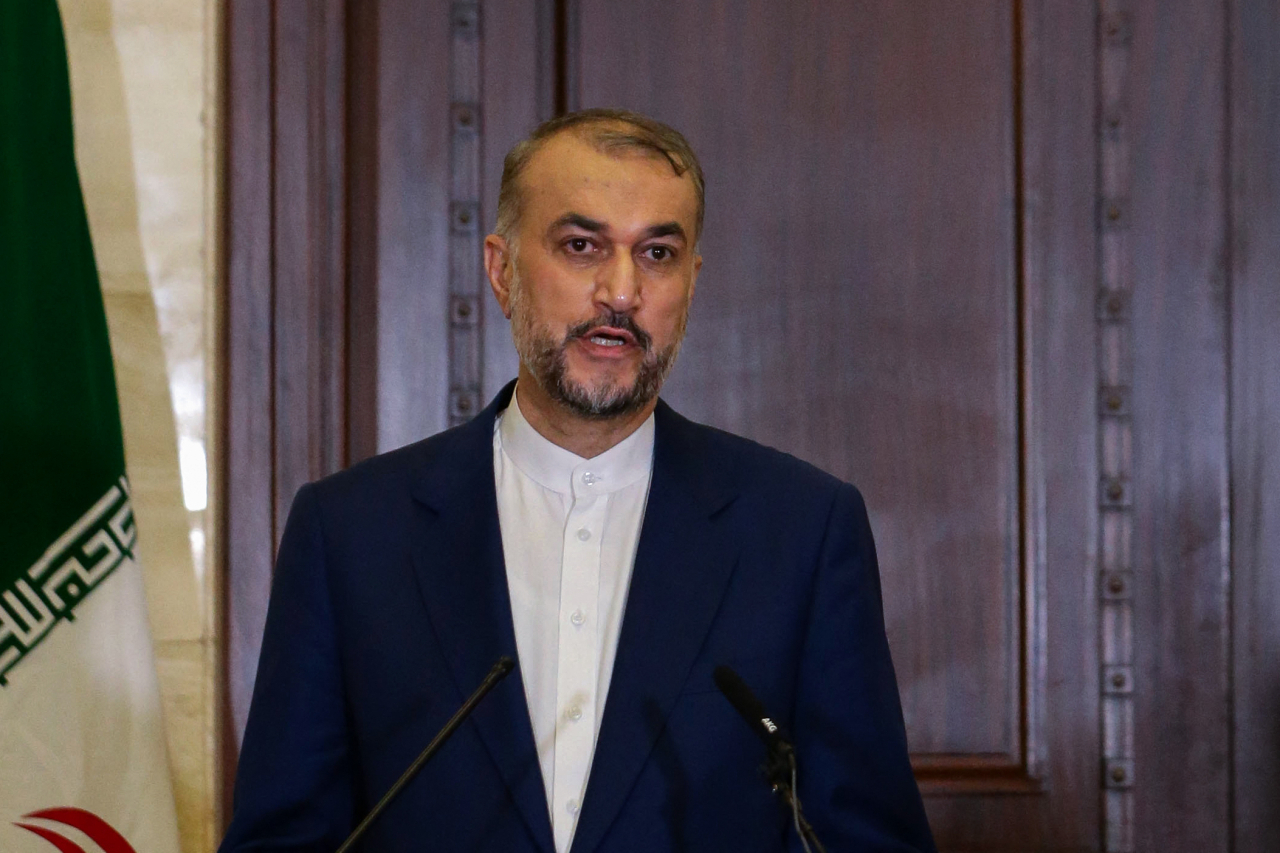 Iranian Foreign Minister Hossein Amir-Abdollahian speaks during a press conference with his Syrian counterpart (not pictured) at the Foreign Ministry in Damascus on April 8, 2024. (Photo by LOUAI BESHARA / AFP)