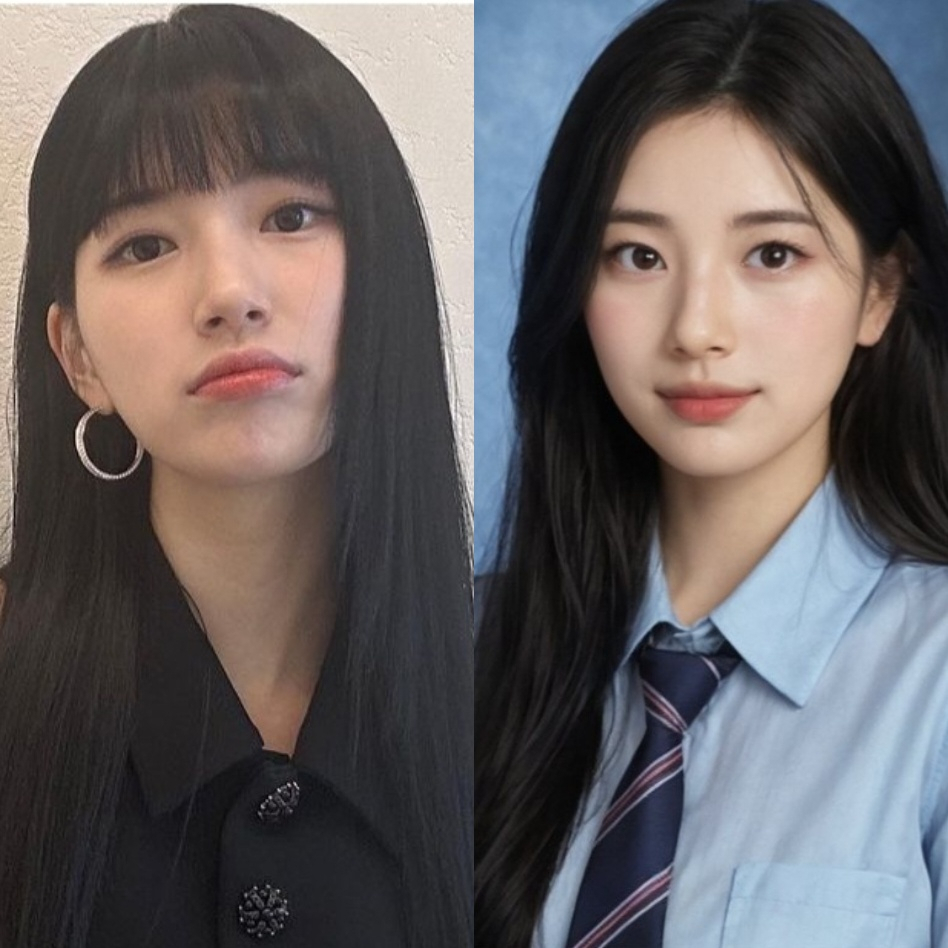 수지 사진에 사진 변형 앱 네이버 ‘스노우 앱 AI’를 입힌 사진(왼쪽) [인스타그램]