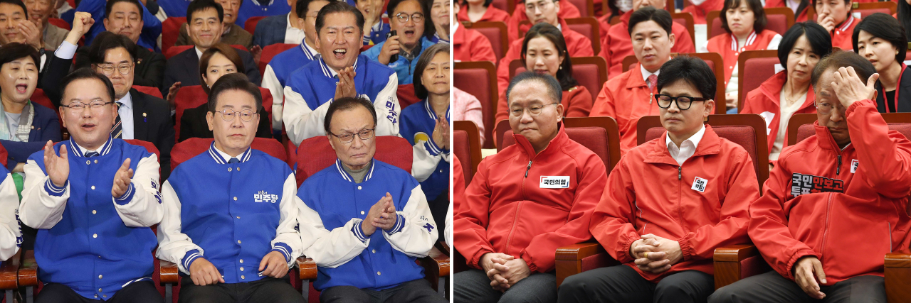 더불어민주당 이재명 대표(왼쪽)와 국민의힘 한동훈 비상대책위원장(오른쪽)이 당 관계자들과 지난 10일 국회에서 총선 출구조사 결과 발표를 보고 있다. 민주당은 국회 의원회관, 국민의힘은 도서관에서 개표상황실을 만들었다. [연합]