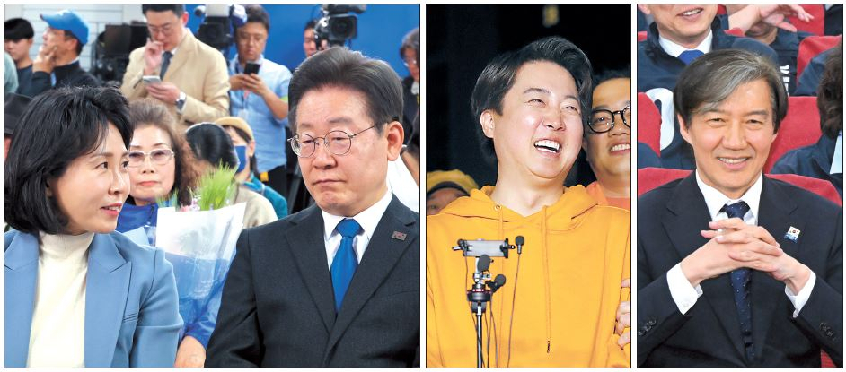22대 총선에서 인천 계양구을에 출마한 이재명 더불어민주당 대표가 11일 인천 계양구에 마련한 본인의 선거사무소에서 개표방송을 보며 부인 김혜경씨와 대화하고 있다(왼쪽 사진). 이준석 개혁신당 대표가 11일 화성을 지역구 당선이 유력시되자 기뻐하고 있다(가운데). 조국 조국혁신당 대표가 10일 국회에서 총선 출구조사 결과 발표를 보고 있다. [연합]