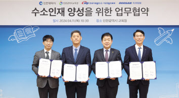박준영(왼쪽 첫 번째) 두산퓨얼셀 전무가 11일 ‘인천광역시 수소에너지 인재 양성’을 위한 업무협약을 체결하고 참석자들과 기념 촬영을 하고 있다. [두산퓨얼셀 제공]