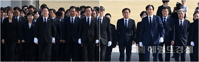 이재명 더불어민주당 대표와 조국 조국혁신당 대표가 각각 더불어민주당과 조국혁신당 제22대 국회의원 선거 당선인들과 함께 12일 서울 동작구 국립현충원을 찾아 참배했다. 임세준 기자