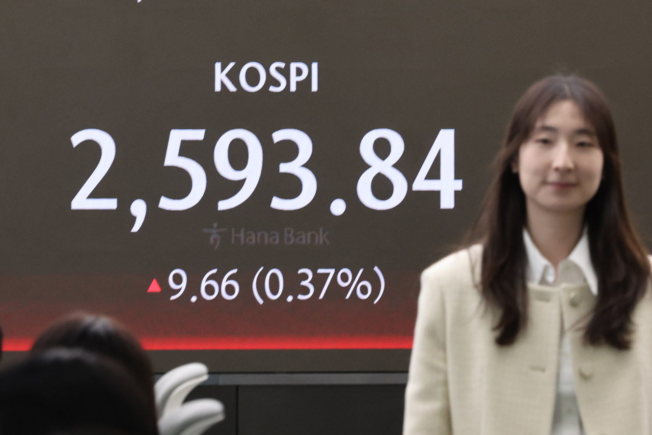 An electronic board showing the Korea Composite Stock Price Index at a dealing room of the Hana Bank headquarters in Seoul on Thursday. (Yonhap)