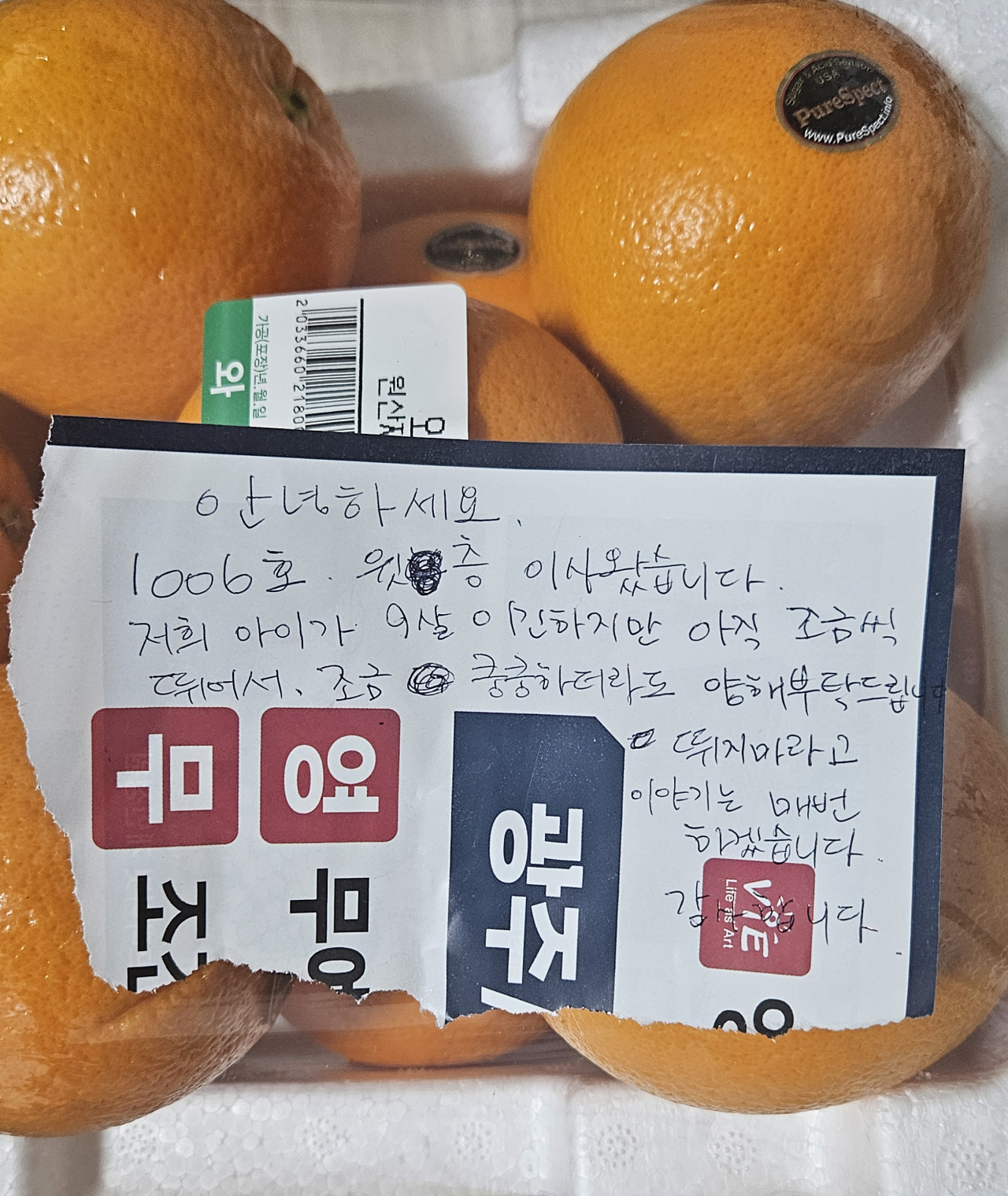 위층에 이사 온 이웃이 층간소음 양해를 부탁하며 보낸 글. [온라인 커뮤니티 캡처]