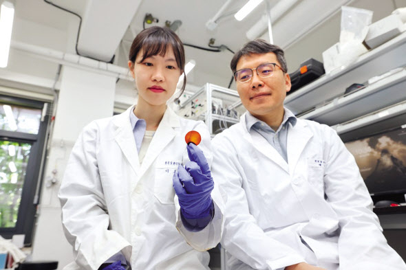 배태현(오른쪽) KAIST 생명화학공학과 교수 연구팀이 개발한 고성능 이산화탄소 분리막을 들어보이고 있다. [KAIST 제공]