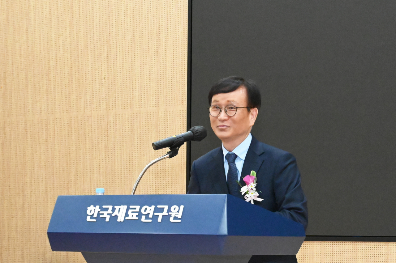 최철진 한국재료연구원 제7대 원장이 취임식에서 취임사를 하고 있다.[한국재료연구원 제공]
