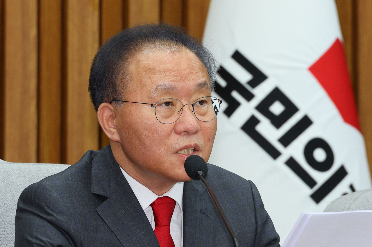 윤재옥 국민의힘 당 대표 권한대행 겸 원내대표가 23일 오전 서울 국회에서 열린 원내대책회의에서 발언하고 있다. [연합]