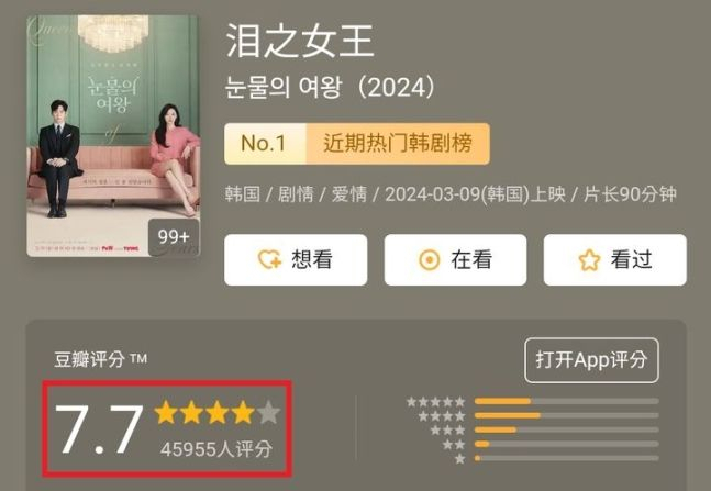 중국 리뷰 사이트 '더우반'에 만들어진 '눈물의 여왕' 리뷰 화면. [서경덕 교수 제공]
