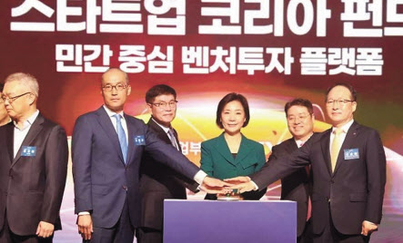 오영주(오른쪽 세 번째) 중소벤처기업부 장관이 24일 서울 마포구 호텔나루서울 엠갤러리에서 열린 ‘스타트업코리아 펀드’ 출범식에서 참석자들과 함께 세리머니를 하고 있다.