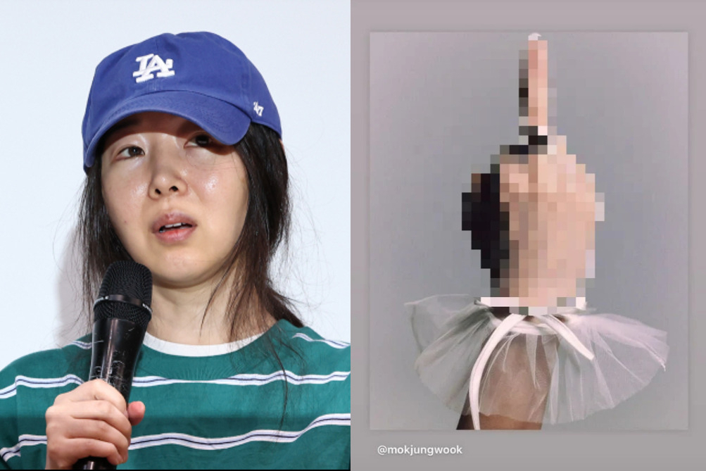 민희진 어도어 대표가 25일 오후 서울 서초구 한국컨퍼런스센터에서 입장 발표 기자회견 중 굳은 표정을 하고 있다(왼쪽). 아일릿의 비주얼 디렉터 허세련 인스타그램. [연합]
