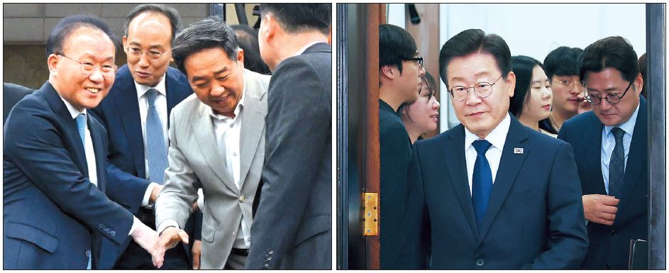 윤재옥 국민의힘 원내대표 겸 당 대표 권한대행이 29일 국회에서 열린 제22대 국회의원 당선자 총회에 입장하며 인사를 나누고 있다(왼쪽). 이재명 더불어민주당 대표가 이날 국회에서 열린 최고위원회의에 입장하고 있다. 이상섭 기자·[연합]