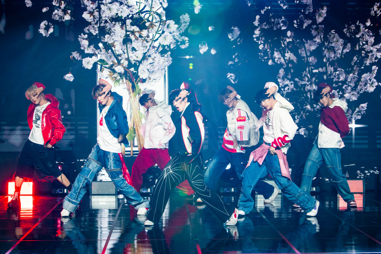 The KingDom performs "Flip that Coin," the lead track of the group's new EP, "Realize," during a press conference in Seoul, Tuesday. (GF Entertainment)