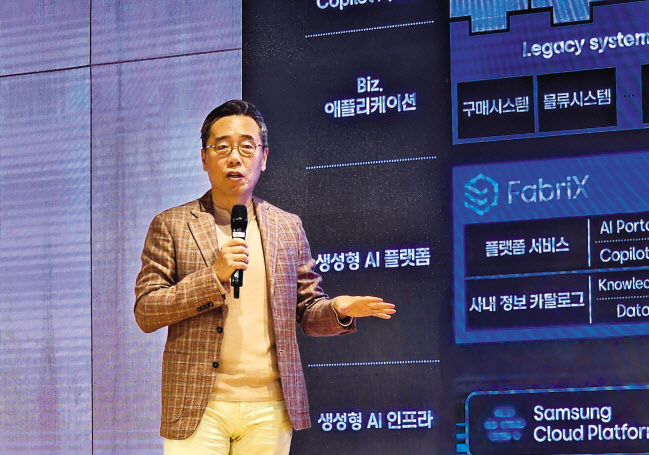 황성우 삼성SDS 대표(사장)가 2일 서울 송파구 삼성SDS 잠실캠퍼스에서 열린 미디어데이에서 생성형 AI 서비스인 ‘패브릭스(FabriX)’와 ‘브리티 코파일럿(Brity Copilot)’을 소개하고 있다. [삼성SDS 제공]