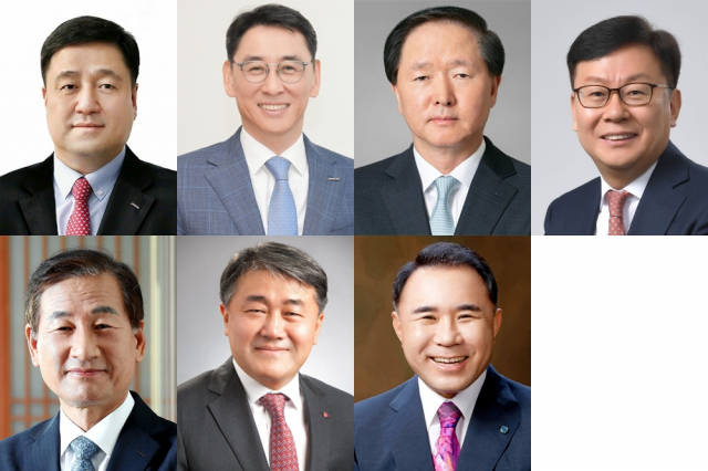 제32대 한국무역협회 회장단에 신규 선임된 이계인(왼쪽상단부터 시계방향) 포스코인터내셔널 사장, 정연인 두산에너빌리티 부회장, 우기홍 대한항공 사장, 박승용 HD현대중공업 사장, 윤홍근 제네시스BBQ 회장, 윤태봉 LG전자 부사장, 강구영 한국항공우주산업 사장. [각 사 제공]